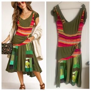 Patchwork Boho Midi Dress Size 2 Lagenlook Festival Artsy Colorblock Stretch